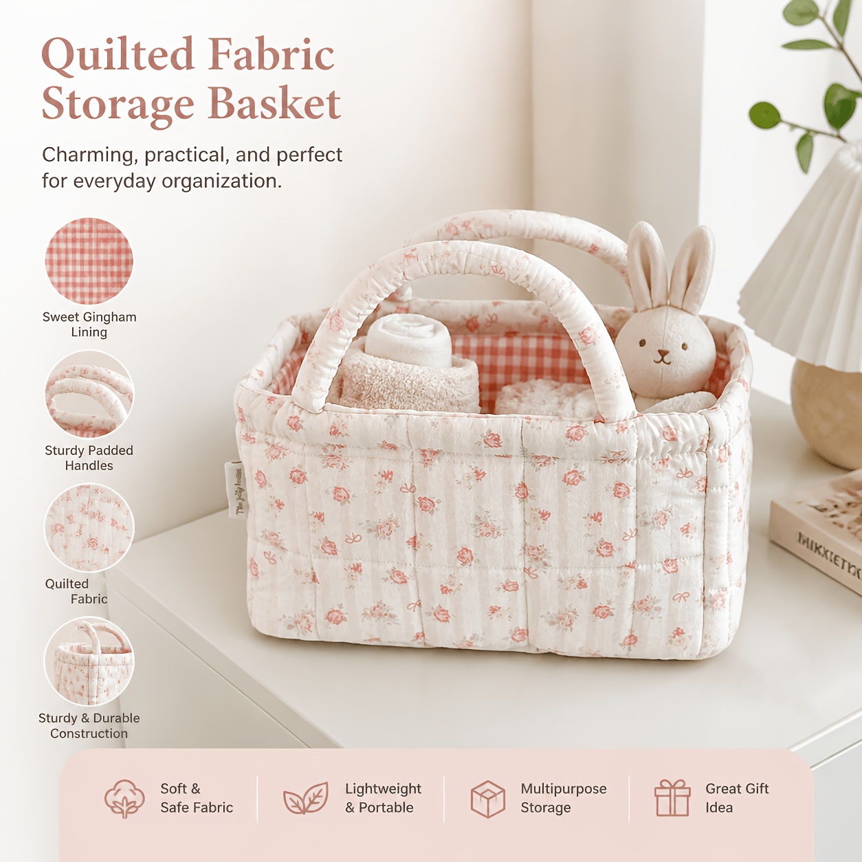 Baby Clothing Basket - Bloemenkleurige gewatteerde opbergmand, draagbare handzame cosmetica-organizer,